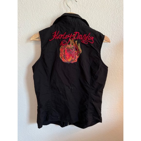 Harley Davidson Black Sleeveless Vest Red Logo Vintage Bling Full Zip Women's Me - Picture 4 of 5